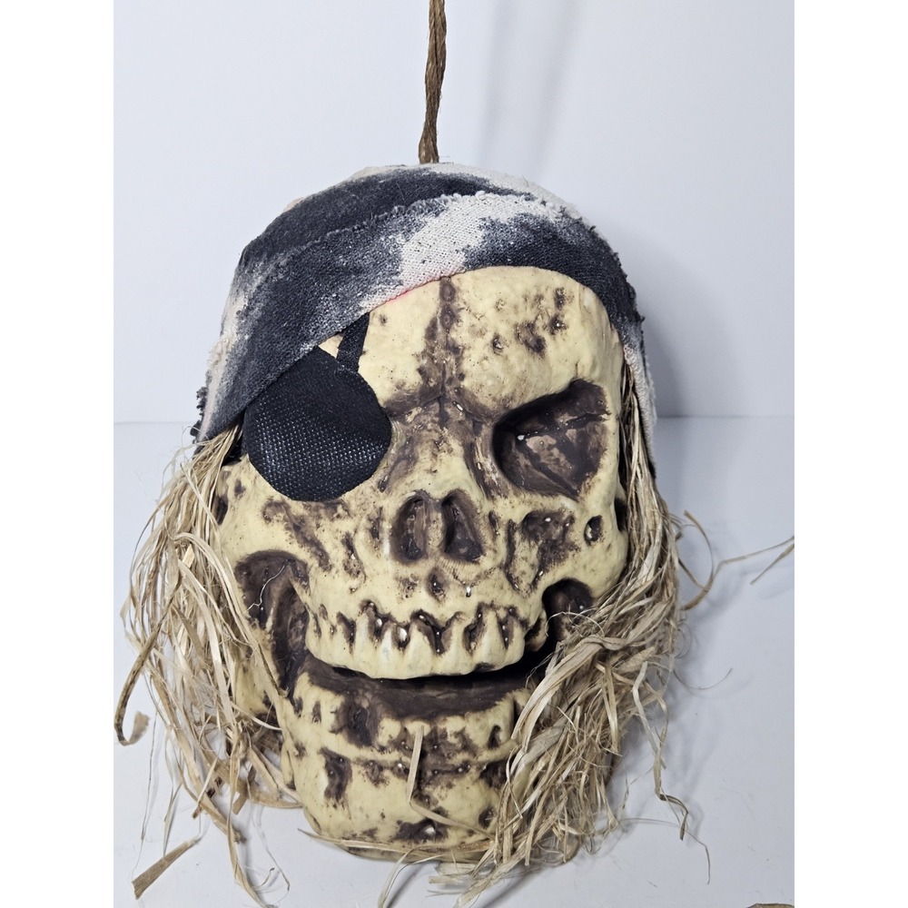 Halloween Hanging Pirate Skull Decoration Straw Hair Eye Patch Bandana